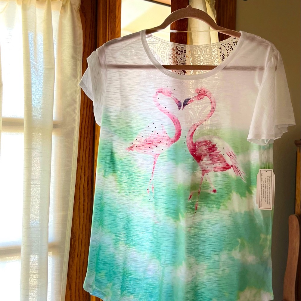 Relaxed Fit Lace Back Tee. Beautiful Colors. Accentuated with crystal beads.
